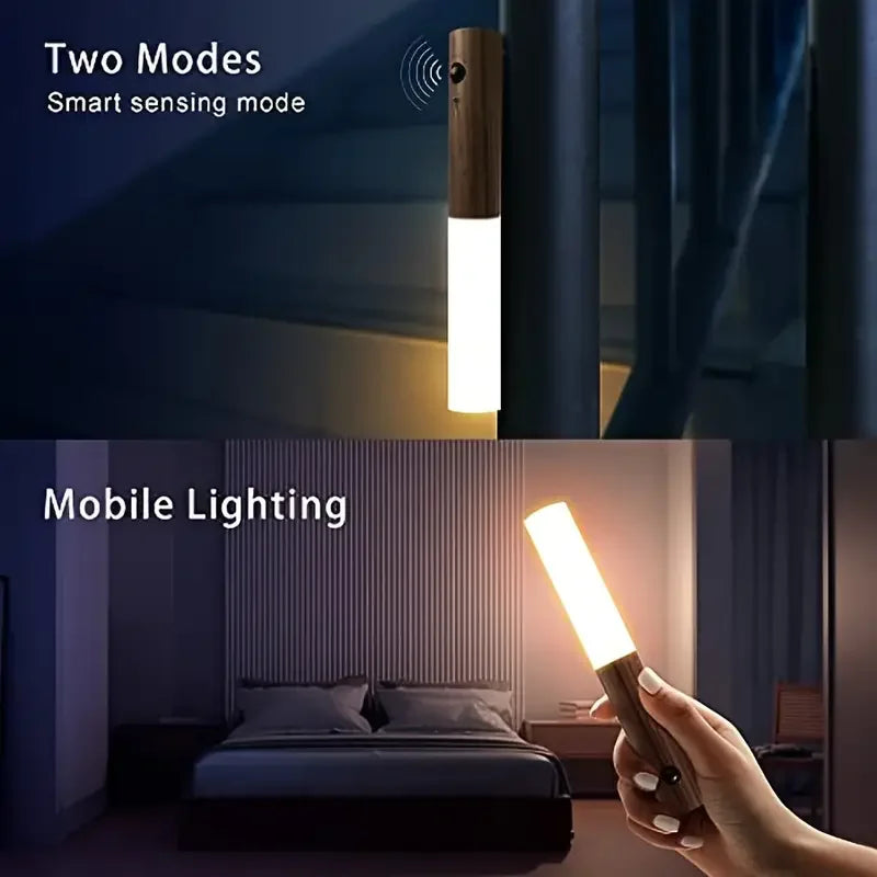 Magnetic LED Night Light - Intelligent Wooden Design with Human Body Sensor, Rechargeable for Bedroom & Corridor