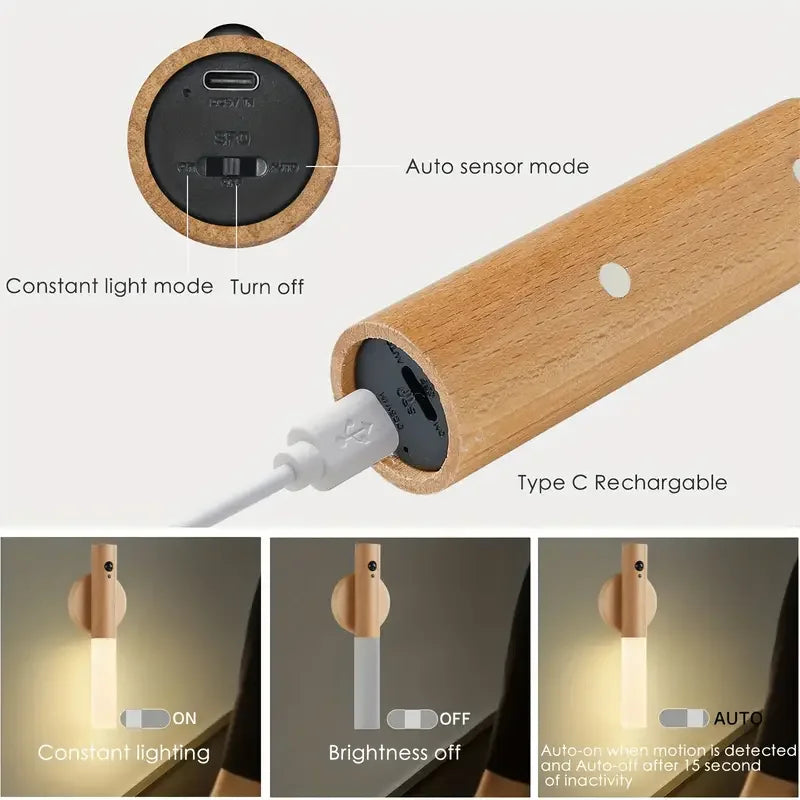 Magnetic LED Night Light - Intelligent Wooden Design with Human Body Sensor, Rechargeable for Bedroom & Corridor