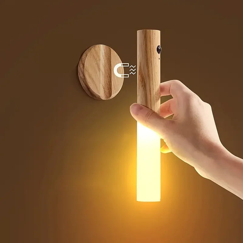 Magnetic LED Night Light - Intelligent Wooden Design with Human Body Sensor, Rechargeable for Bedroom & Corridor