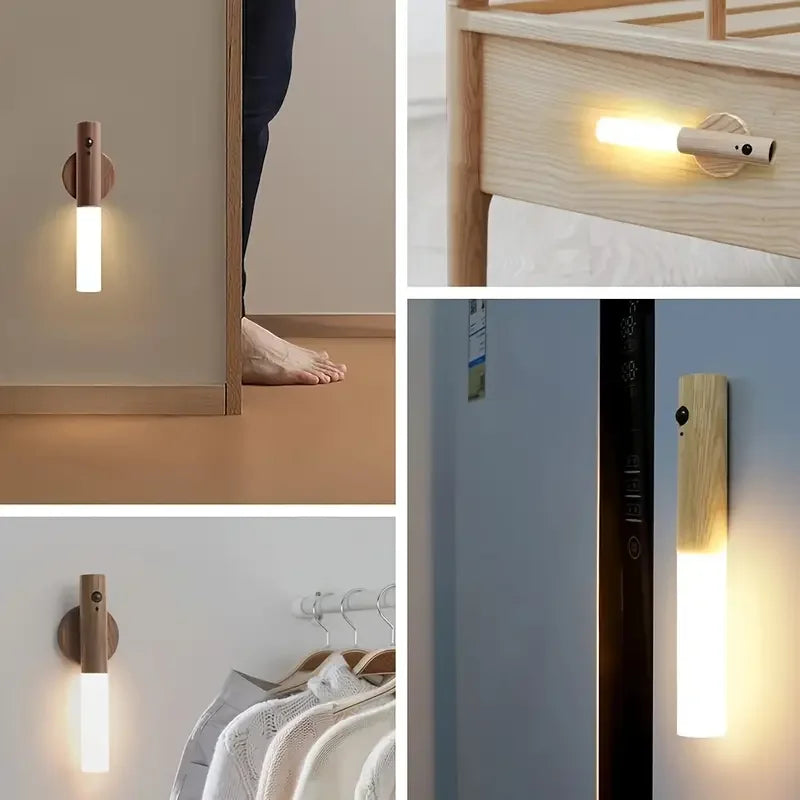 Magnetic LED Night Light - Intelligent Wooden Design with Human Body Sensor, Rechargeable for Bedroom & Corridor